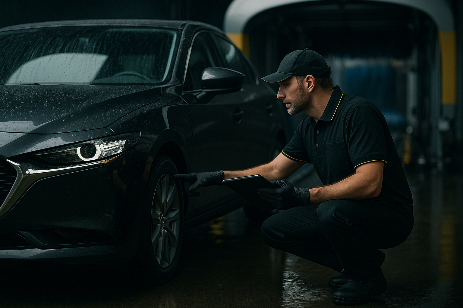 Technician performing pre-wash inspection of a car