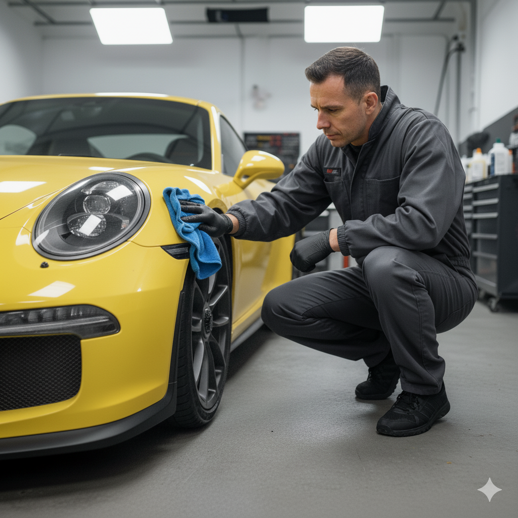 Technician wiping a car with a microfiber towel