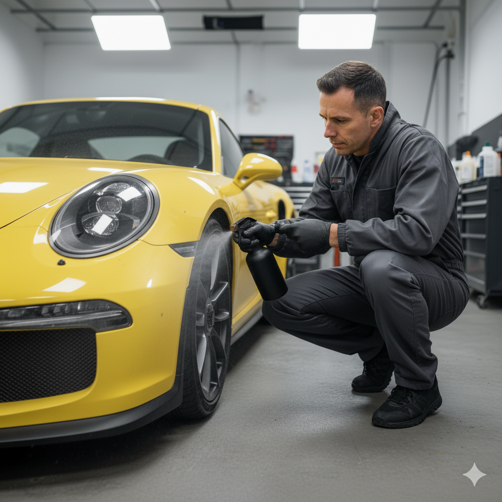 Applying mist of waterless cleaner on a car panel